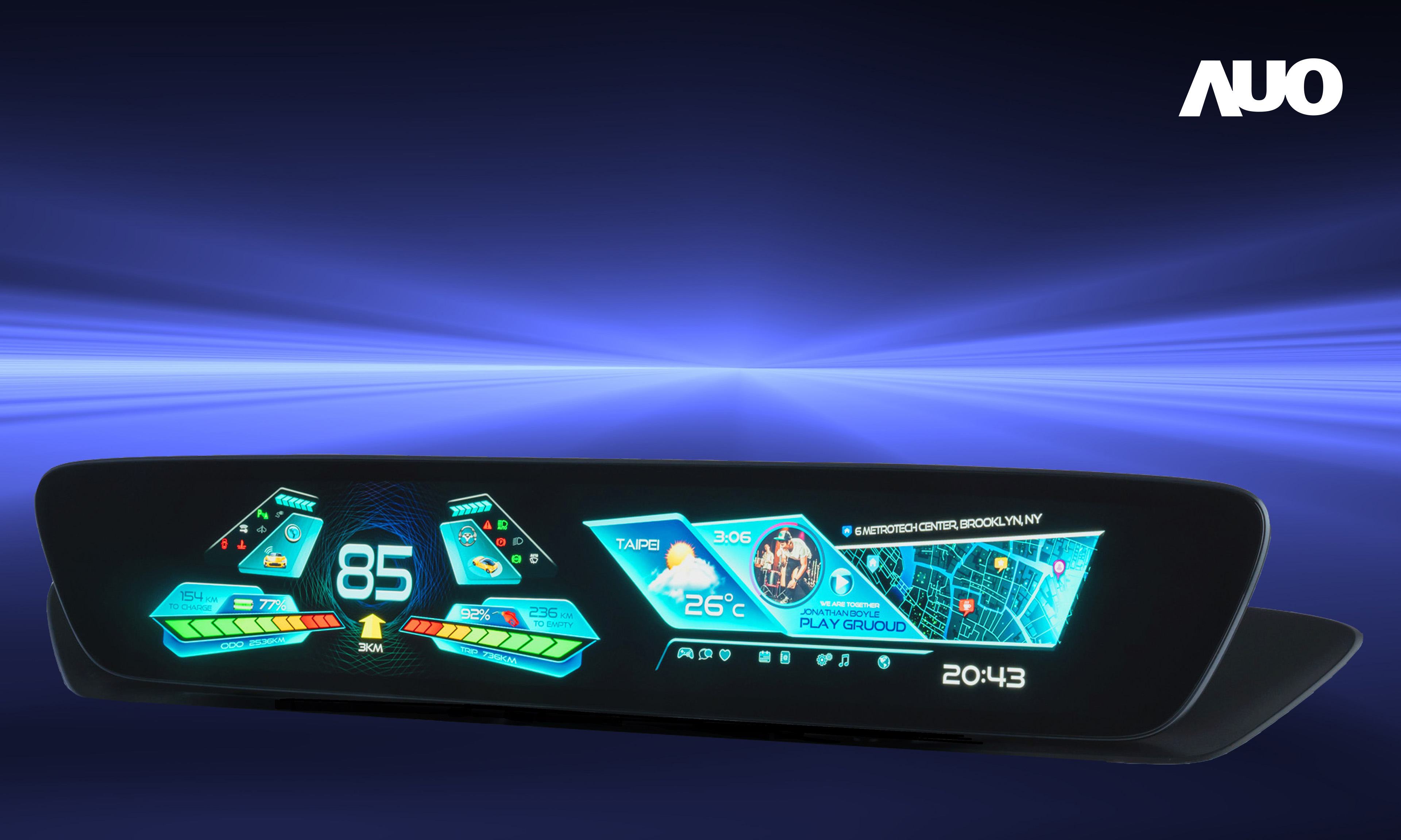 友達30.4吋異形曲面AmLED車載顯示系統，為一兼具儀表板及中控台人機介面的創新車載顯示系統，結合美學設計，提升車內科技沉浸感及使用體驗，讓車載顯示的未來應用更加多元化