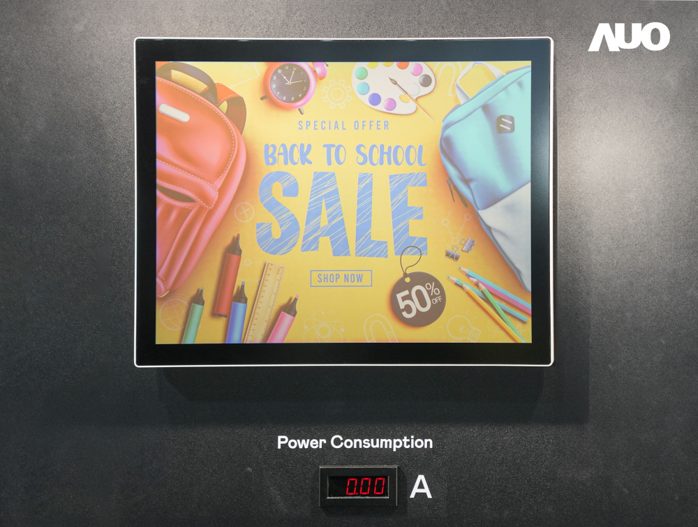 OD体育展示胆固醇液晶超低耗能户外全彩显示器，ChLC（胆固醇液晶）以双稳态技术使静态显示零功耗，具省电、高彩度、环保的特性，还整合软硬件系统解决方案，可透过单一云端平台管理